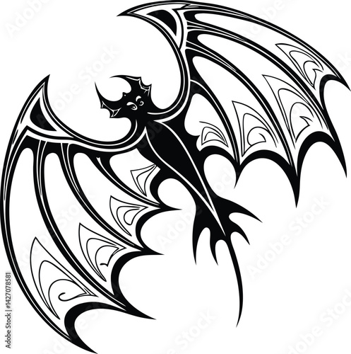 Dark gothic wings, tribal bat design, black silhouette, symmetrical pattern, intricate details, sharp edges, fantasy creature, tattoo style, vector art