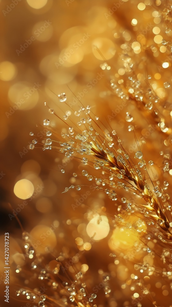 Beautiful Golden Grass With Water Droplets Glistening Under Sunlight in Nature During Early Morning