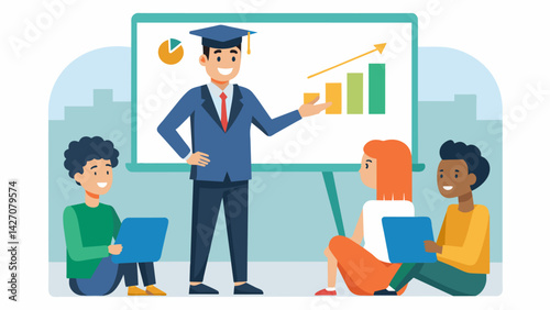 A confident financial advisor stands in front of a whiteboard explaining the intricacies of student loan repayment plans to a group of engaged college. Vector illustration