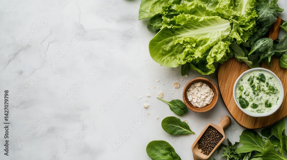 Obraz premium Fresh greens and herbs arranged on a wooden board with a bowl of healthy dressing set against a light textured background