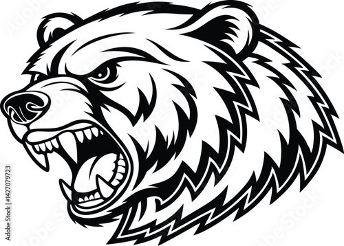  Fierce grizzly bear head mascot logo, snarling expression, sharp teeth, aggressive pose, detailed fur texture, black and white illustration, vector art style