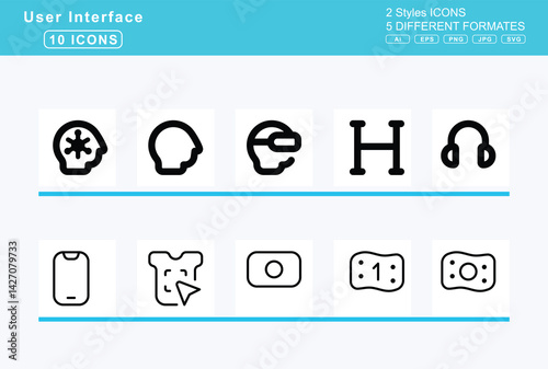 Set of 5 rounded user interface icons,head, side, cough, slash, headphones, heart, mask