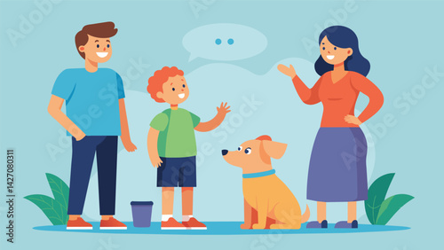 A family watching in awe as their dog uses the communication interpreter to ask for a specific toy to play with.. Vector illustration
