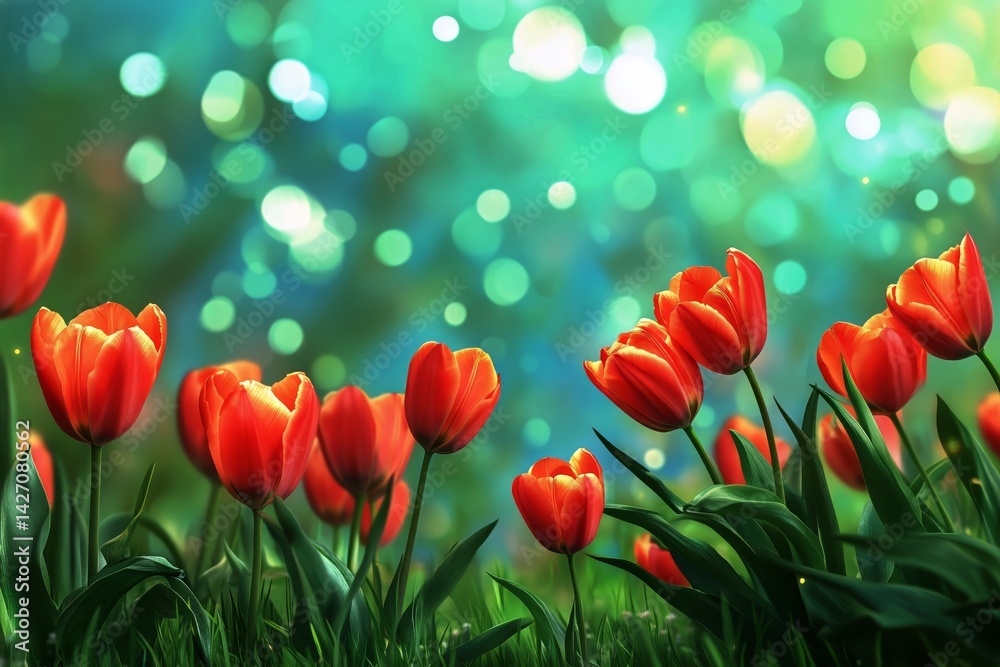Vibrant Orange Tulips Blooming in a Lush Garden With Colorful Bokeh Background During Springtime