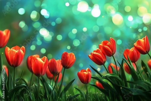 Obraz na płótnie Vibrant Orange Tulips Blooming in a Lush Garden With Colorful Bokeh Background During Springtime w salonie