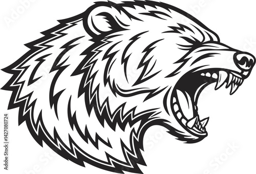 Fierce grizzly bear head mascot logo, snarling expression, sharp teeth, aggressive pose, detailed fur texture, black and white illustration, vector art style