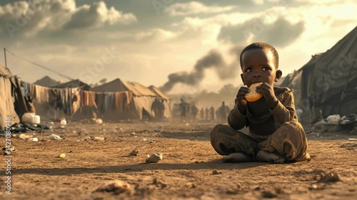 A child from Africa is shown sitting in the foreground, wearing tattered clothes, holding a piece of bread