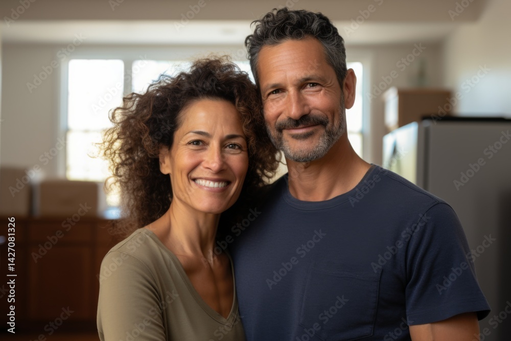 Portrait of a smiling middle age Hispanic couple in empty home after moving in Portrait of a smiling middle age Hispanic couple in empty home after moving in