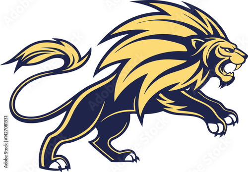 Lion mascot, fierce muscular, flowing mane, golden yellow and black, sharp claws, determined expression, dynamic pose, vector art style 