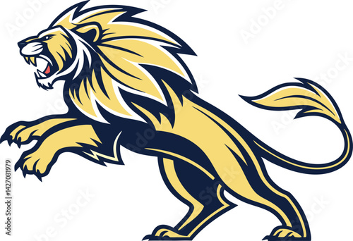 Lion mascot, fierce muscular, flowing mane, golden yellow and black, sharp claws, determined expression, dynamic pose, vector art style 