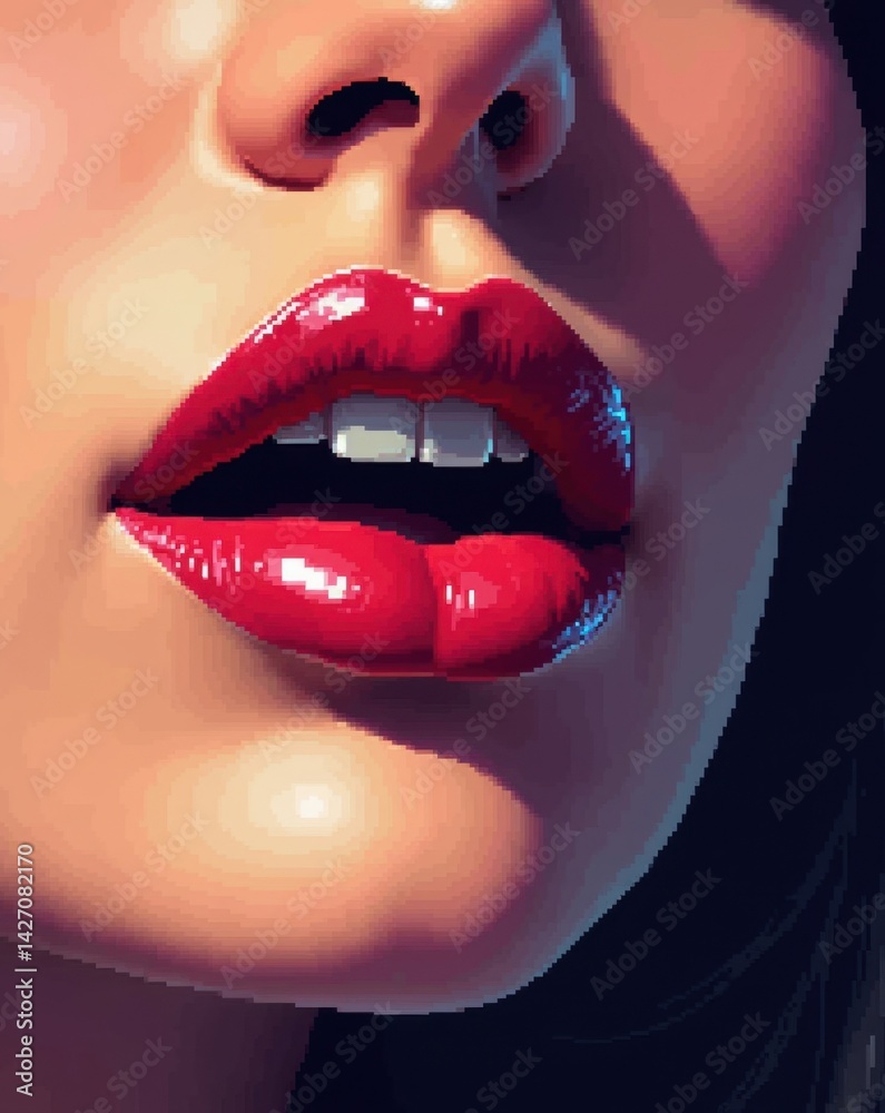 Obraz premium Pixelated close-up of glossy red lips and facial features.