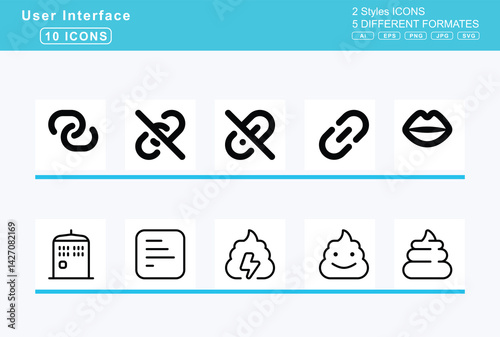 Set of 5 rounded user interface icons,light, switch, on, line, width, link, horizontal