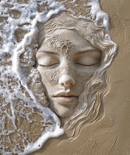 An ethereal representation of a face partially hidden in sand with gentle waves flowing over it, symbolizing the harmony between humanity and nature in an awe-inspiring artistic expression.