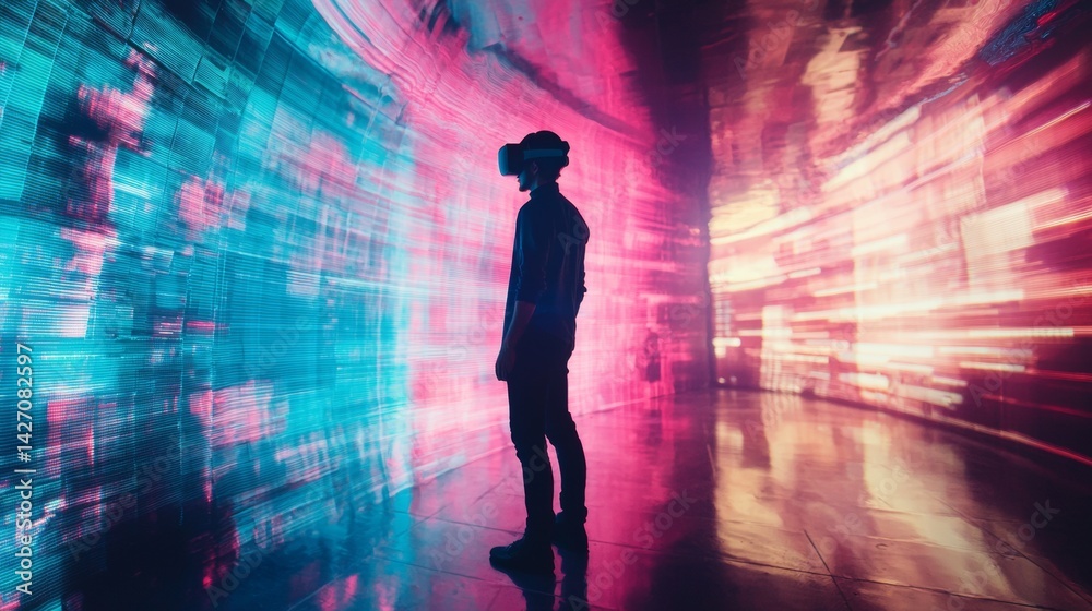Person Walking Through Neon Digital Tunnel