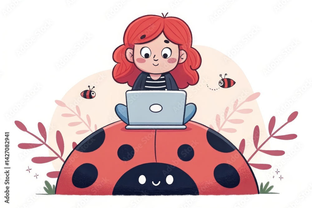 Fototapeta premium Red haired girl sits on ladybug while working on computer outdoors in a peaceful setting during daytime