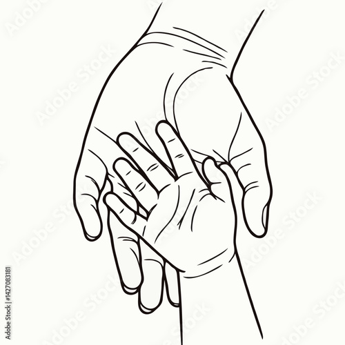 Child holding adult hand in black and white line art