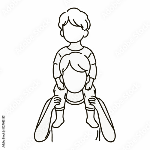Father carrying child on shoulders in line art