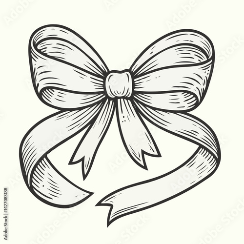 Vintage bow ribbon in monochrome sketch drawing style
