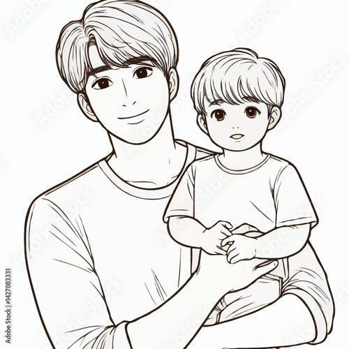 Smiling father holding child in line art style