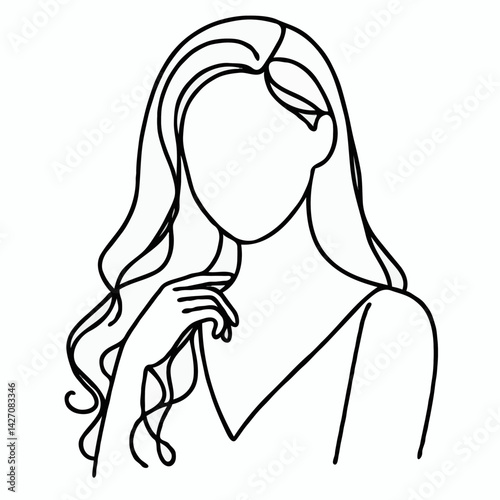 Woman touching chin in black line art style