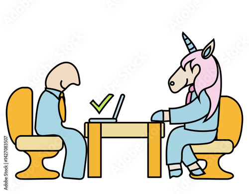 A job interview between a cartoon character and a unicorn candidate dressed in a blue suit with a tie. Concept of finding a perfect candidate.