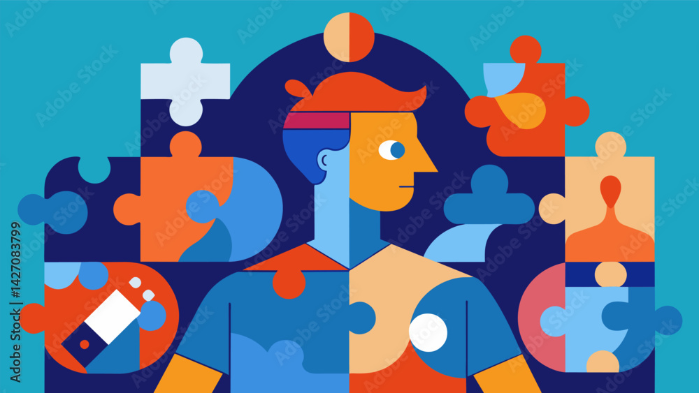 An abstract painting with a figure made up of puzzle pieces representing the concept of the mind piecing together and controlling various elements to. Vector illustration