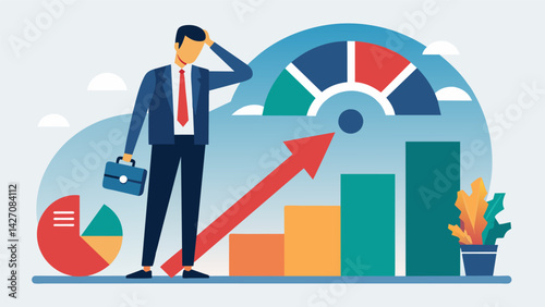 A man in a business suit stands in front of a credit score chart with arrows pointing downwards to signify the negative effect of his large student. Vector illustration