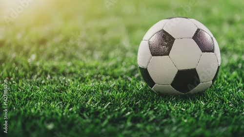 Exciting soccer ball game on lush green grass action shot outdoor close-up view for sports enthusiasts