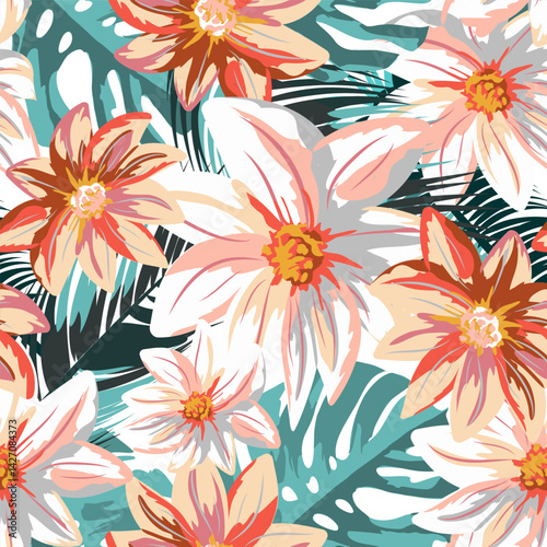 A repeat exotic floral pattern with soft pink and orange tropical flowers and green palm leaves. Artistic summer jungle design for fabric, wallpaper and textile prints.