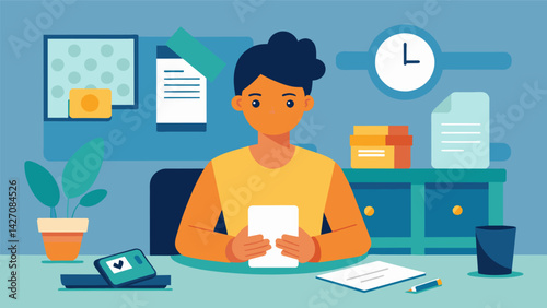 A young adult sits at their kitchen table surrounded by bills and paperwork as a reminder for their student loan payment appears on their phone.. Vector illustration
