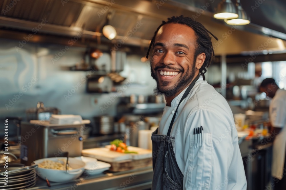 Portrait of smiling American chef in restaurant kitchen Portrait of smiling American chef in restaurant kitchen