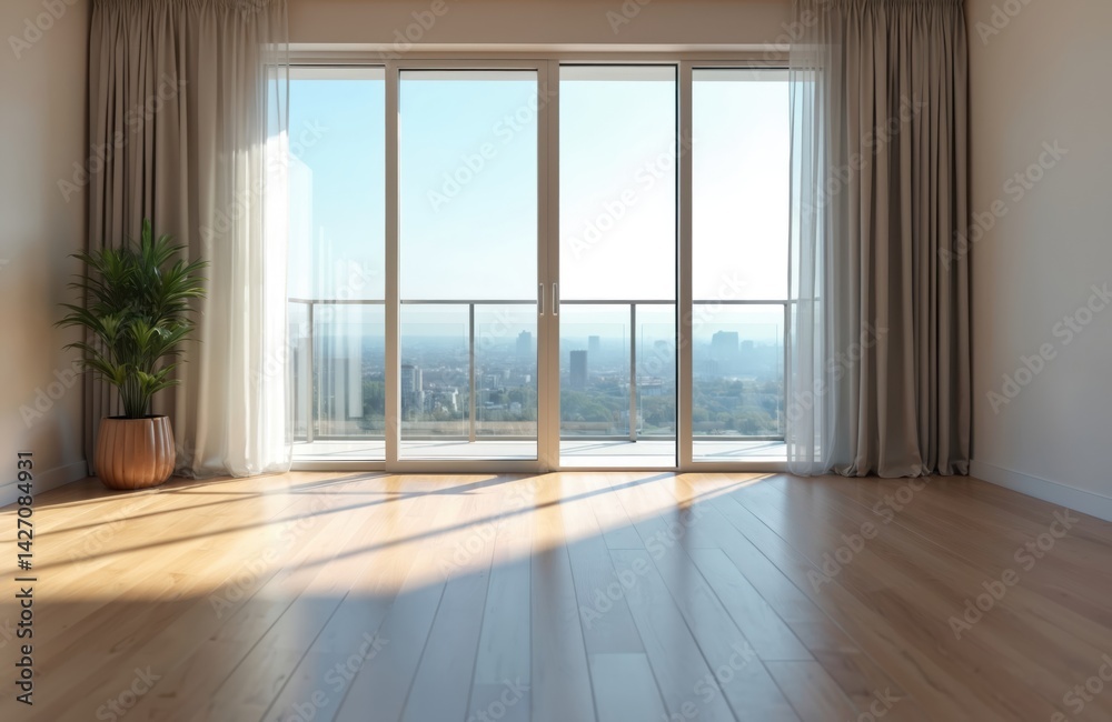 Fototapeta premium Modern living room apartment with large windows offers city view. Sunlight streams, illuminating wooden floor, beige curtains, houseplant in pot. Minimalist design, empty space evokes sense of