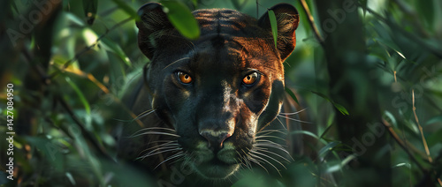 Stealthy fossa stalking prey through the dense jungle sleek muscular body intense amber eyes glowing in the undergrowth
