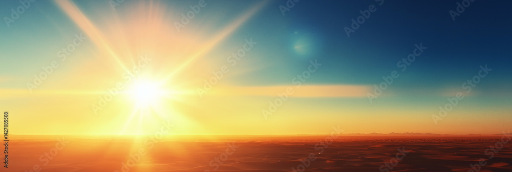 Naklejka premium A bright and intense burst of sunlight on the clear blue sky, creating a dramatic flare effect. 
