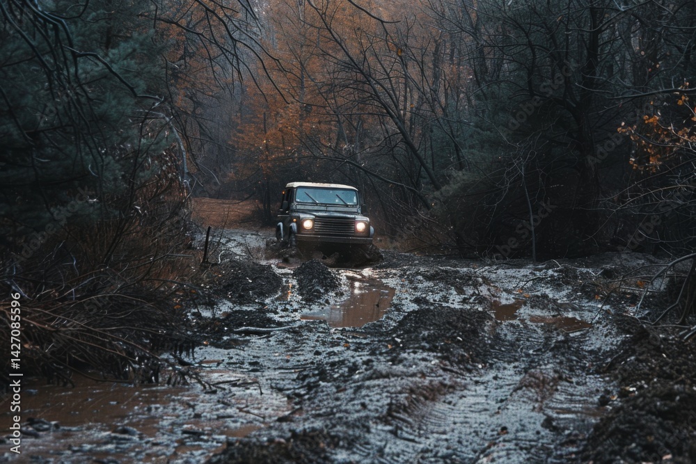 Rugged off road vehicle navigating a muddy wilderness trail Rugged off road vehicle navigating a muddy wilderness trail