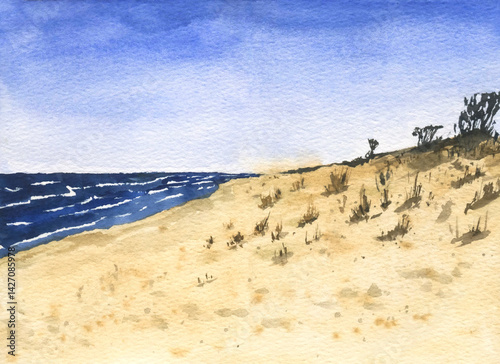 Watercolor sea beach landscape. Painting of sandy shore with sea in background on sunny day. Hand drawn watercolor illustration of beach with grassy dunes and ocean. Seascape