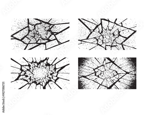 Four high-detailed broken glass textures in monochrome showing various impact patterns, great for overlay, destruction effects, or cracked surface designs