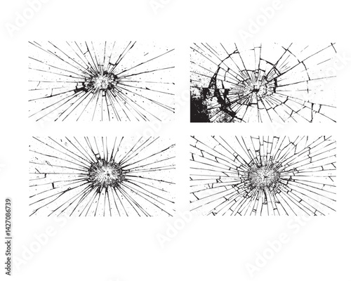 Cracked bullet impact glass textures displayed in black and white for use in simulating gunshot damage or broken safety glass in illustrations