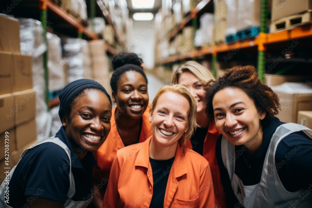 Smiling portrait of a diverse group of female warehouse workers and managers working in a warehouse Smiling portrait of a diverse group of female warehouse workers and managers working in a warehouse