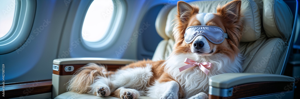 Papillon dog sleeps with sleep mask on plane
