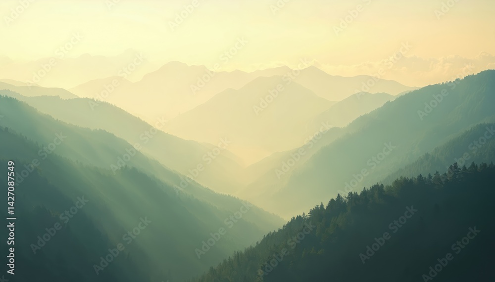 Obraz premium Serene mountain landscape soft sunlight and mist. Forest terrain with landform, elevation season, travel exploration. Calmness and harmony in nature. Zen and solitude.