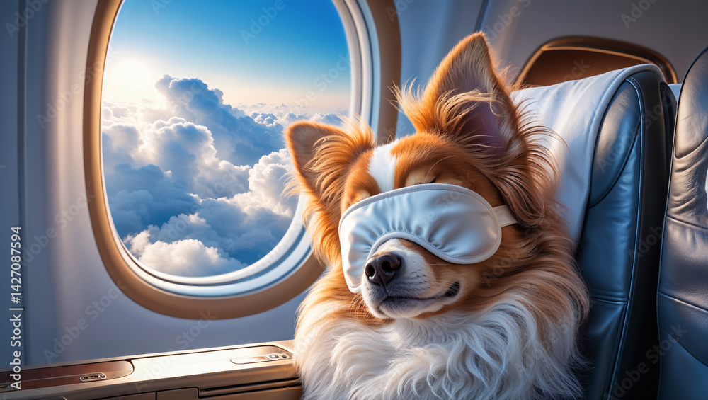 Papillon dog sleeps with sleep mask on plane