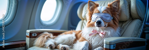 Obraz na płótnie Papillon dog sleeps with sleep mask on plane w salonie