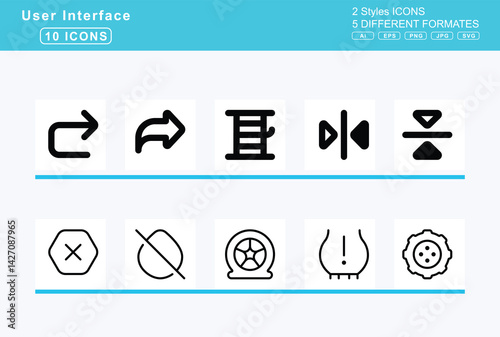 Set of 5 rounded user interface icons,rectangle, vertical, history, xmark, recycle, redo