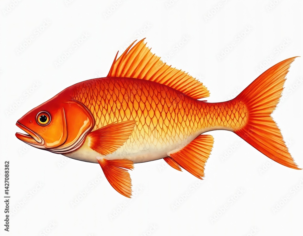 Fototapeta premium Vibrant orange goldfish isolated on white. Fish scale pattern, detailed illustration with yellow hues. Pet, aquarium, aquatic life concept for design, print.