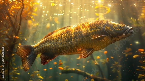 Striking arapaima fish surfacing in an Amazonian lagoon its iridescent scales shimmering under the golden sun