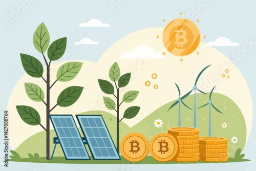 Modern Eco Green Technology with Wind Turbines and Solar Panels Cartoon illustration, renewable energy concept, solar panels, wind turbines, green hills, bitcoin coins, cryptocurrency, eco
