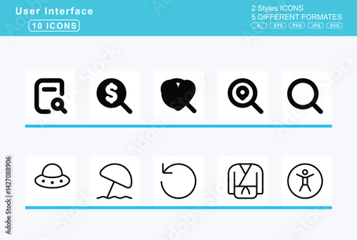 Set of 5 rounded user interface icons,scrubber, scythe, seal, exclamation, question, search