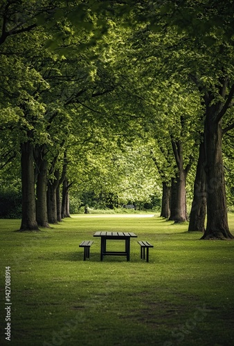Fototapeta Naklejka Na Ścianę i Meble -  A green park with trees and grass, a long table in the middle of an empty lawn