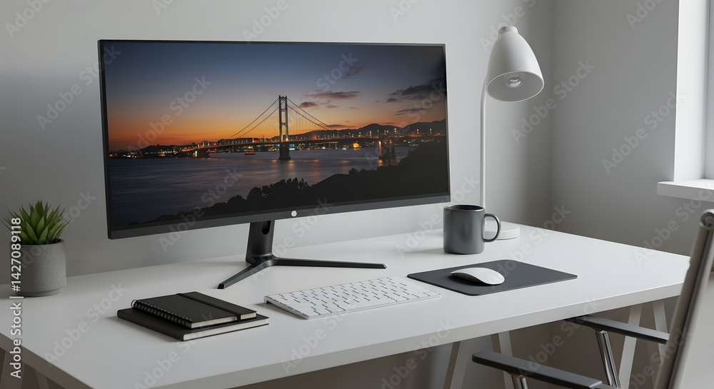 Fototapeta premium Computer monitor displaying golden gate bridge on a white desk with accessories and a lamp nearby